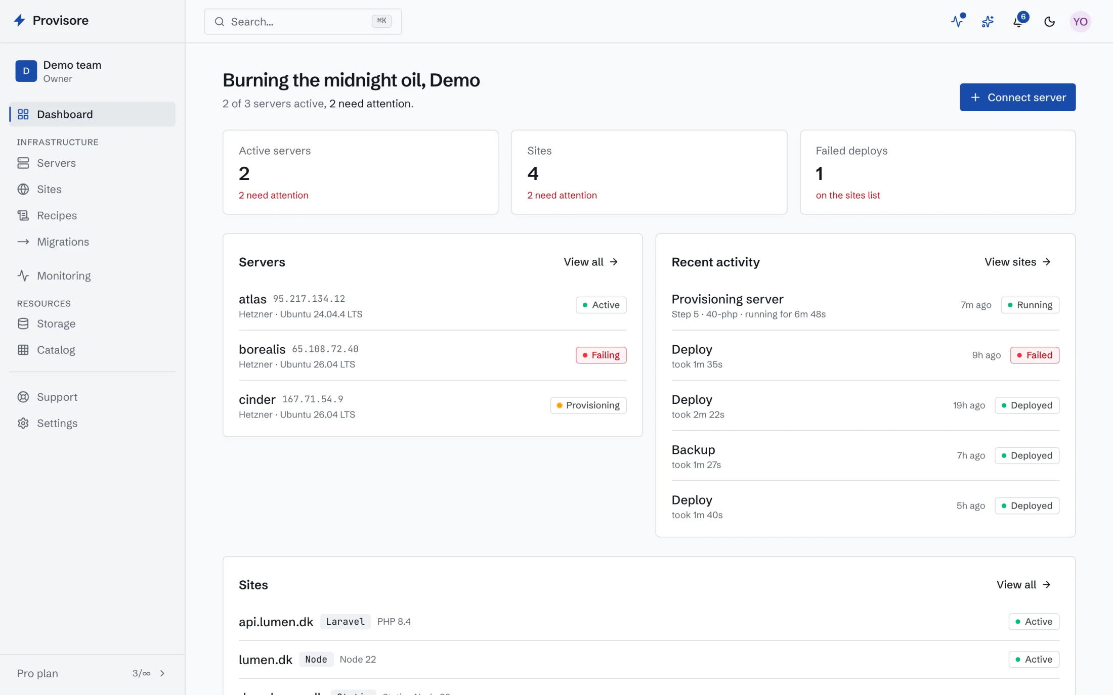 The Provisore dashboard listing three servers with their addresses and status, recent deploy and backup activity, and the sites running on them.