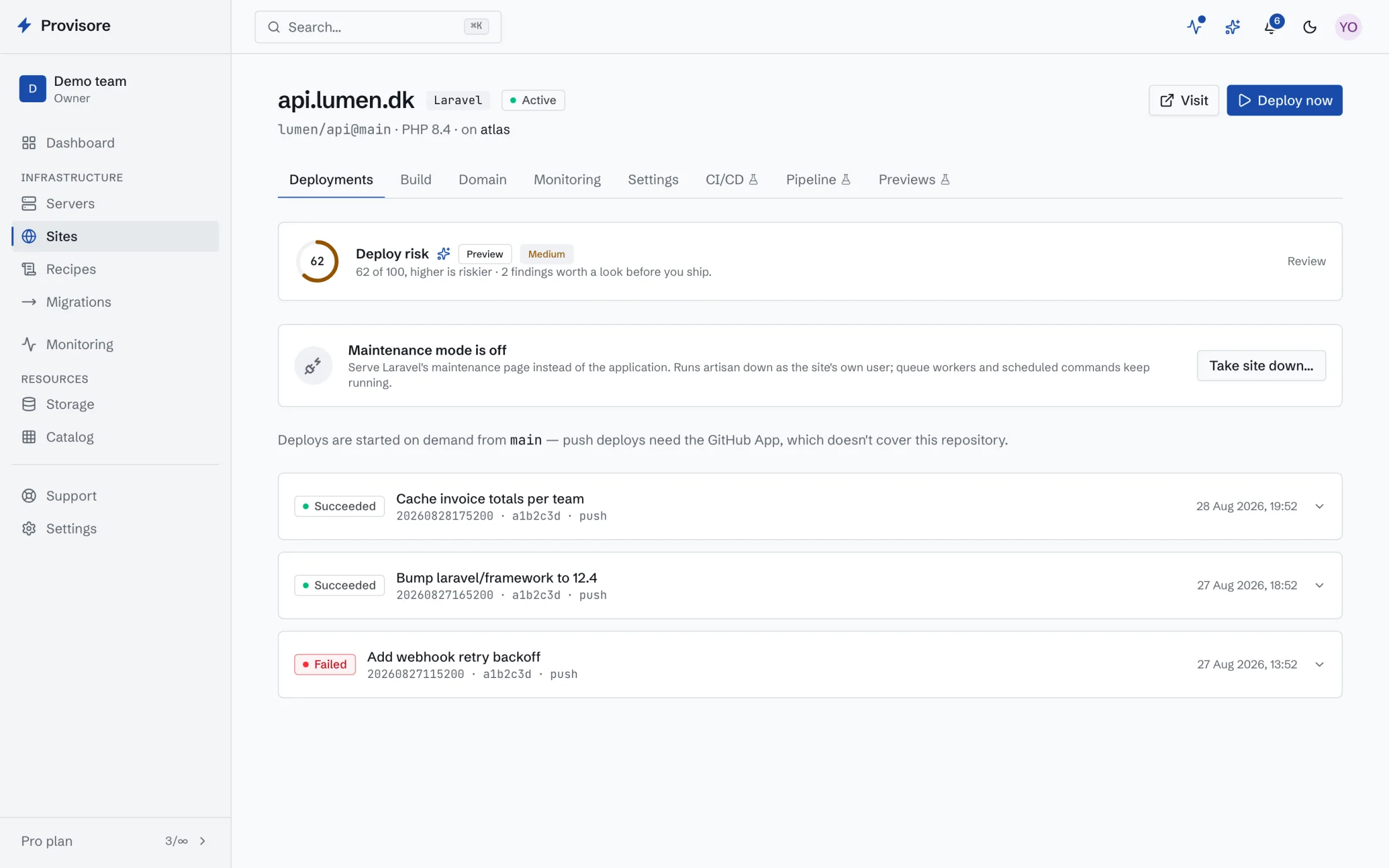 The deployments tab for a Laravel site, showing three releases with their commit messages, durations and outcomes, and a deploy risk summary above them.